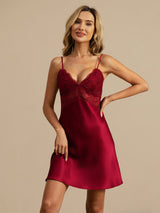 [Wine] SilkSilky  Spaghetti Strap Deep V Neck Nightgown 004