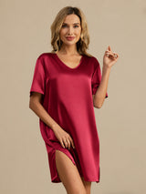 [Dark Red] SilkSilky  Half Sleeve V Neck Nightgown 001