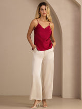 [Wine] Model wearing a red 100% mulberry silk adjustable spaghetti strap V neck camisole top 006