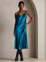 [Teal] SilkSilky  Spaghetti Strap V Neck Dress 001