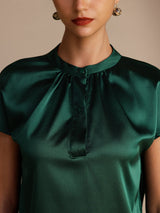 [Dark Green] SilkSilky  Short Sleeve Split Women's Blouse 004
