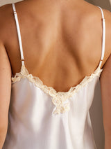 [Pink] White mulberry silk camisole with spaghetti straps and lace trim 005