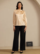 [Champagne] Champagne silk blouse with round neck, button closure, and lantern sleeves 006