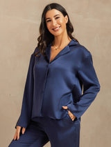 [Dark Blue] SilkSilky  Long Sleeve Lapel Collar Women's Pajamas 007
