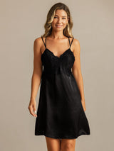 [Black] Black silk spaghetti strap lace V-neck backless short nightgown on model 001