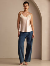 [Pink] Model wearing blush silk spaghetti strap camisole top with V-neck lace trim 006