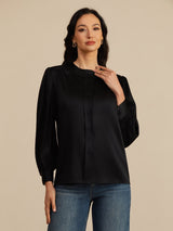 [Black] Black silk blouse with round neck, lantern sleeves and front button closure 004