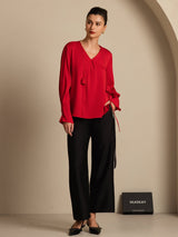 [Wine] SilkSilky  Long Sleeve V Neck Women's Blouse 008