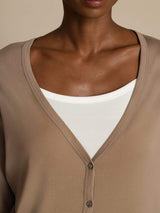 Women's taupe silk V-neck long sleeve cardigan with button front over white top