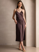 [Coffee] SilkSilky  Spaghetti Strap V Neck Dress 003