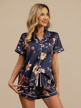[Navy Floral] SilkSilky  Short Sleeve Lapel Collar Women's Pajamas 005