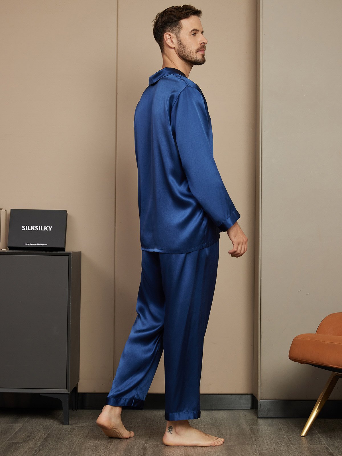[Dark Blue] SilkSilky  Long Sleeve Lapel Collar Men's Pajamas 002