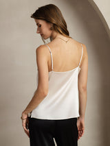White silk spaghetti strap cowl neck camisole with fitted back view