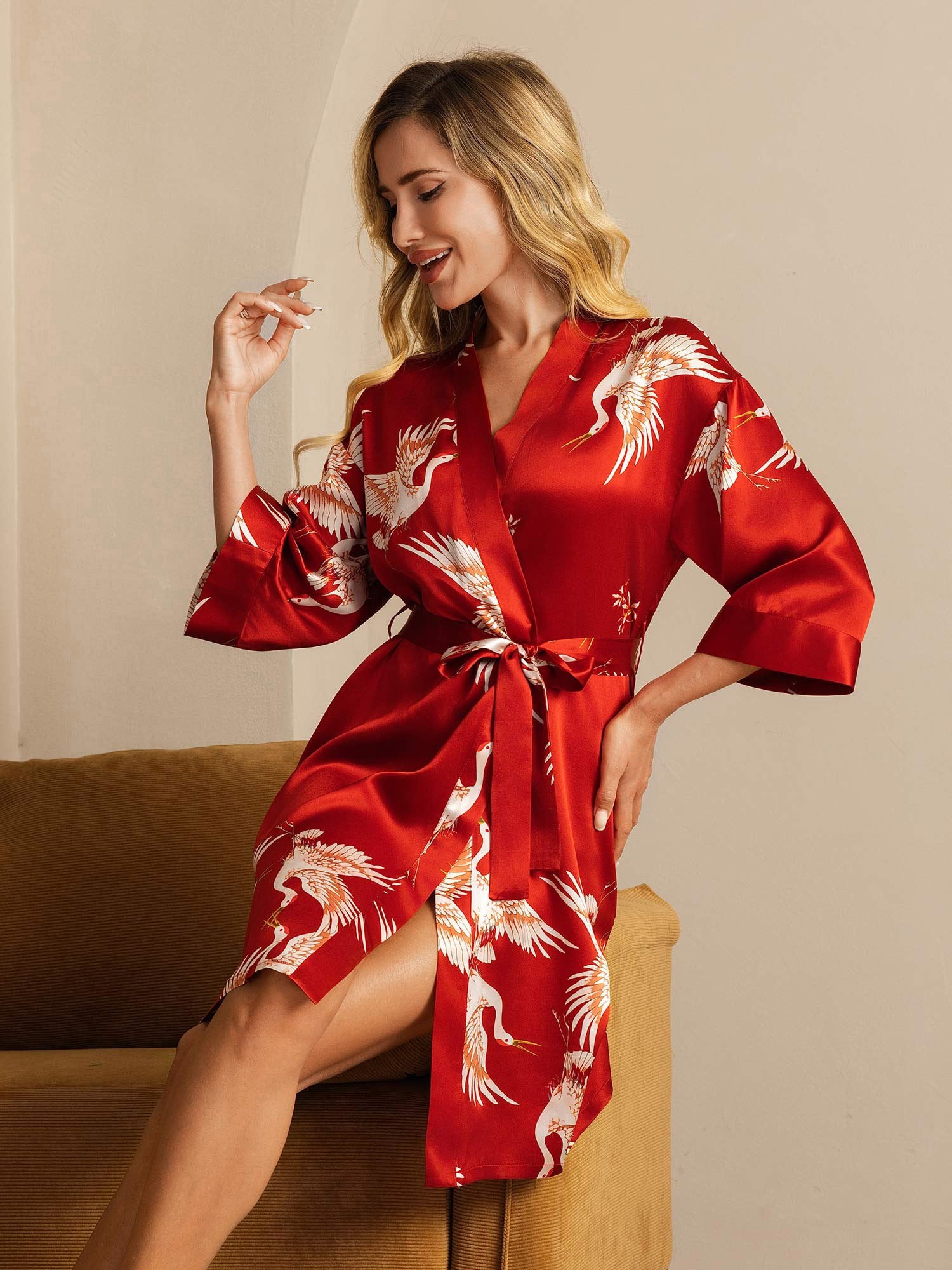 [Dark Red] SilkSilky  3/4 Sleeve Women's Robe 001