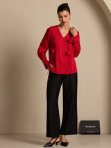 [Wine] SilkSilky  Long Sleeve V Neck Women's Blouse 007