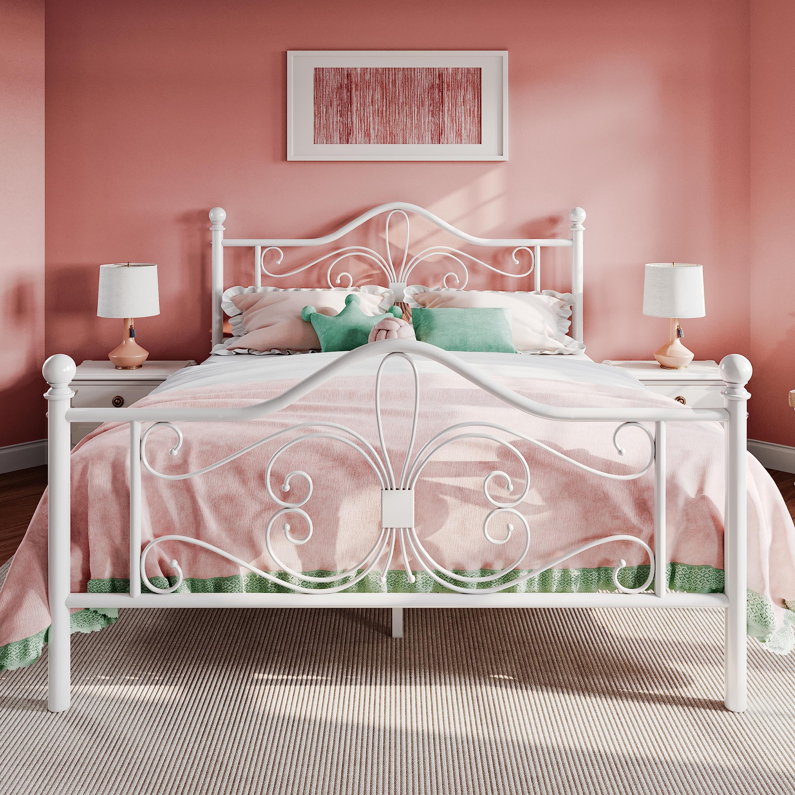 SHA CERLIN Full Size Bed Frame with Headboard,Metal Bed Frame with Butterfly Pattern Design Headboard & Footboard,No Box Spring 