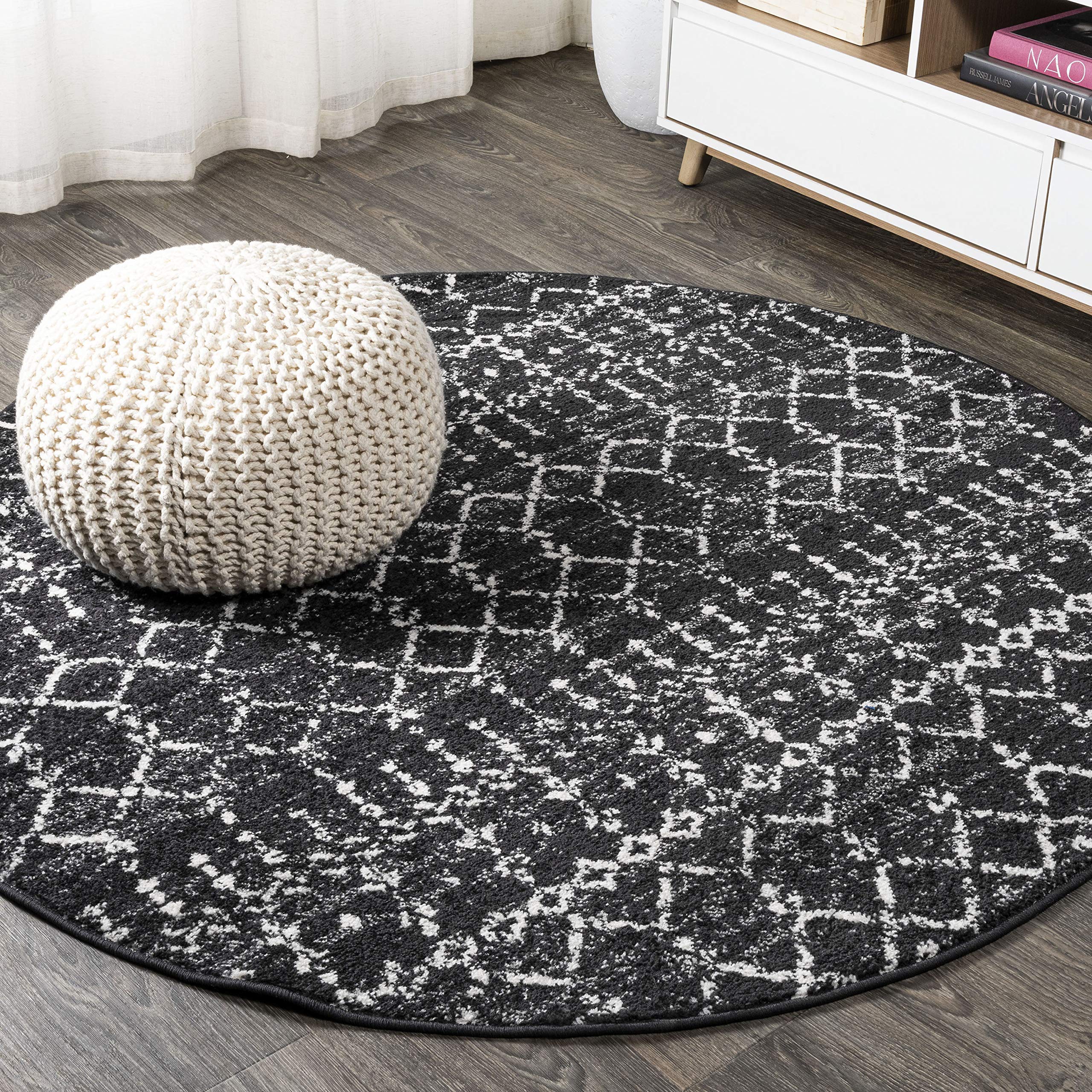 JONATHAN Y MOH101D-7R Moroccan Hype Boho Vintage Diamond Black/Ivory 7 Round Area Rug, Pet Friendly, Non Shedding, Stain Resist