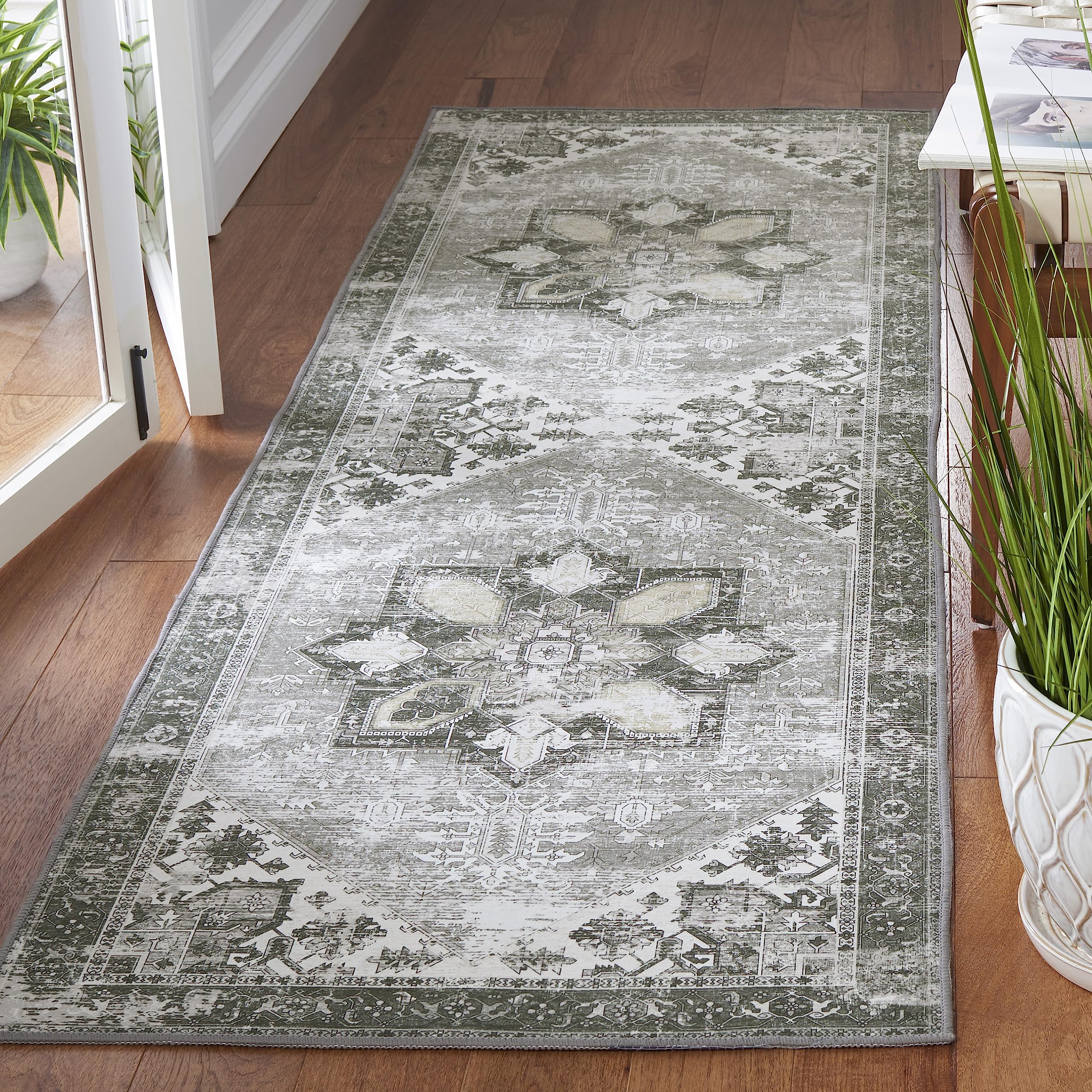SAFAVIEH Tucson Collection Runner Rug - 26 x 18 Runner, Dark Sage & Ivory, Persian Medallion Design, Machine Washable Ideal fo