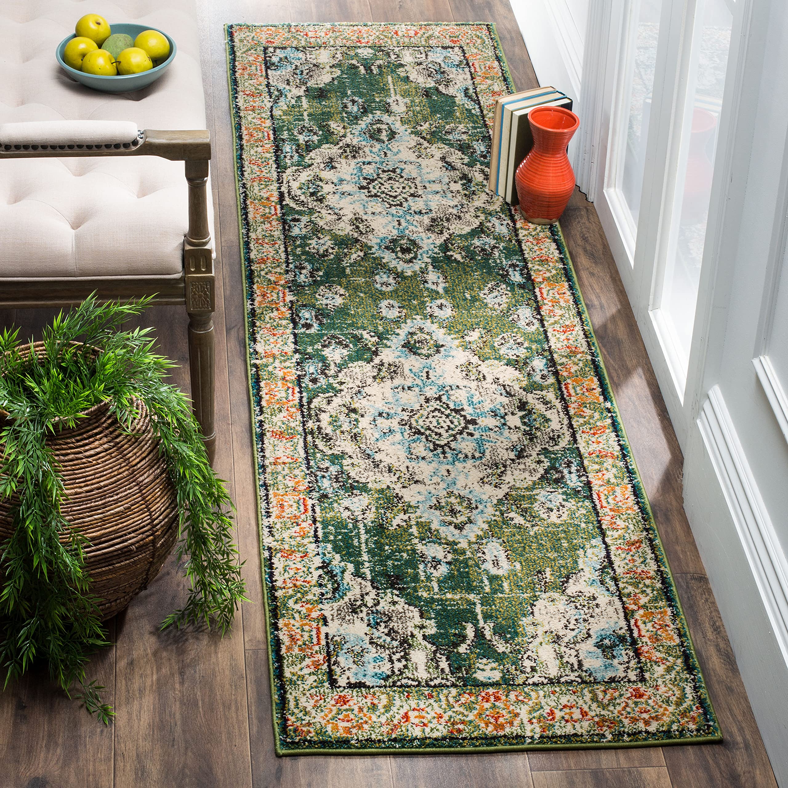 SAFAVIEH Monaco Collection Runner Rug - 22 x 16, Forest Green & Light Blue, Medallion Distressed Design, Non-Shedding & Easy C