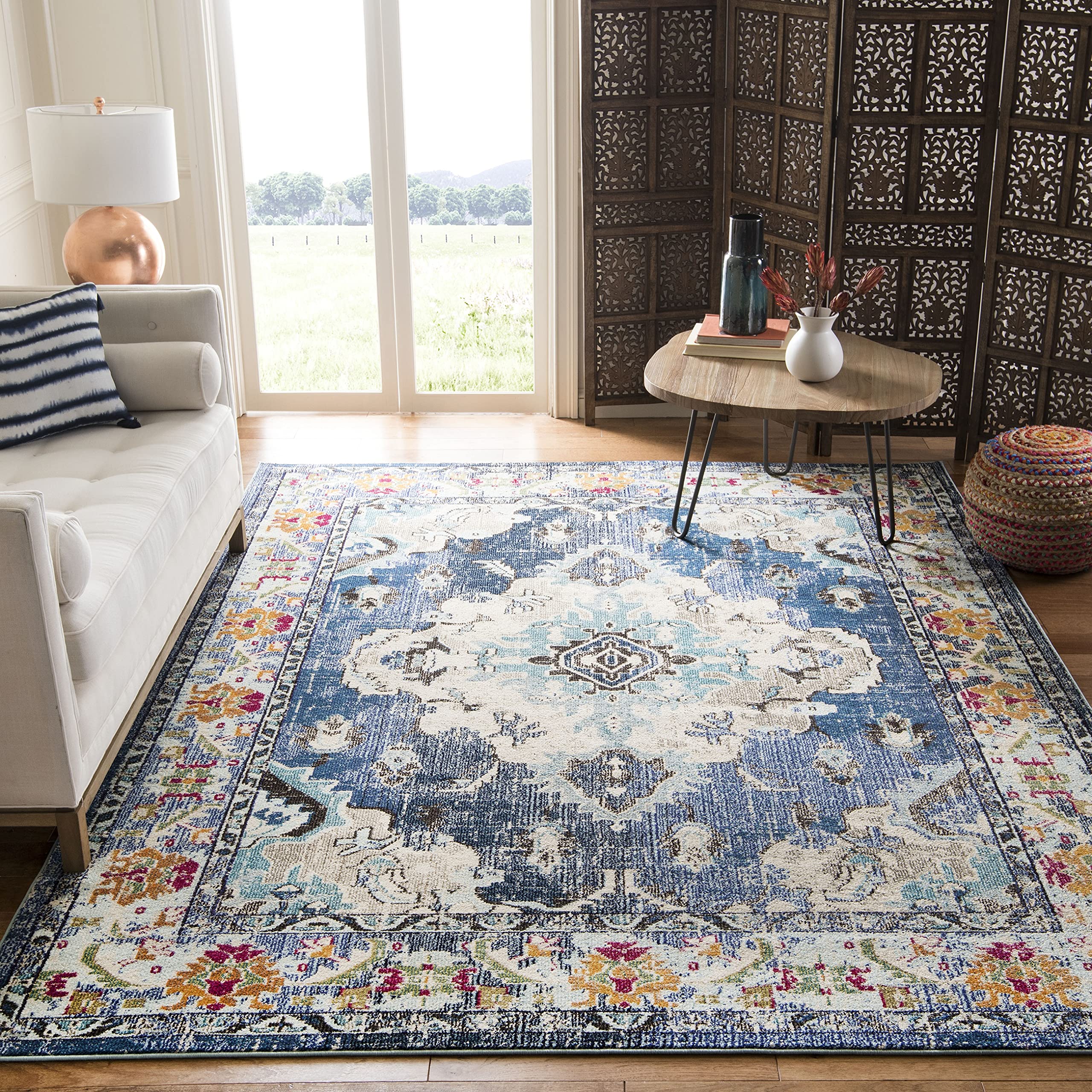 SAFAVIEH Monaco Collection Area Rug - 51 x 77, Navy & Light Blue, Boho Chic Medallion Distressed Design, Non-Shedding & Easy C