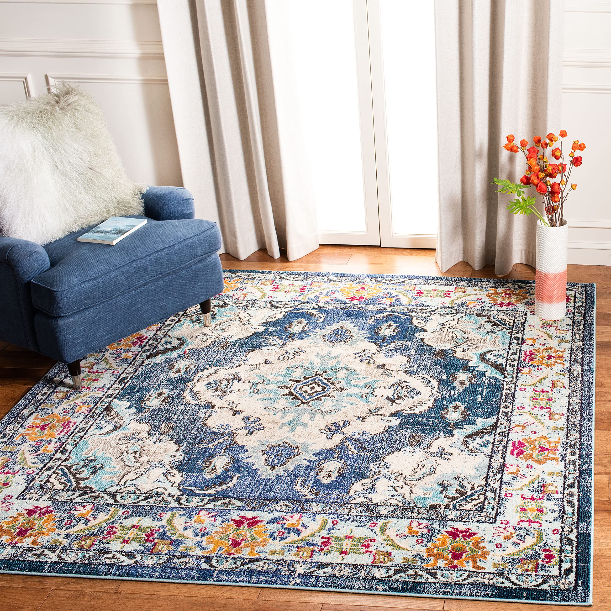 SAFAVIEH Monaco Collection Area Rug - 88 Square, Navy & Light Blue, Boho Chic Medallion Distressed Design, Non-Shedding & Easy 
