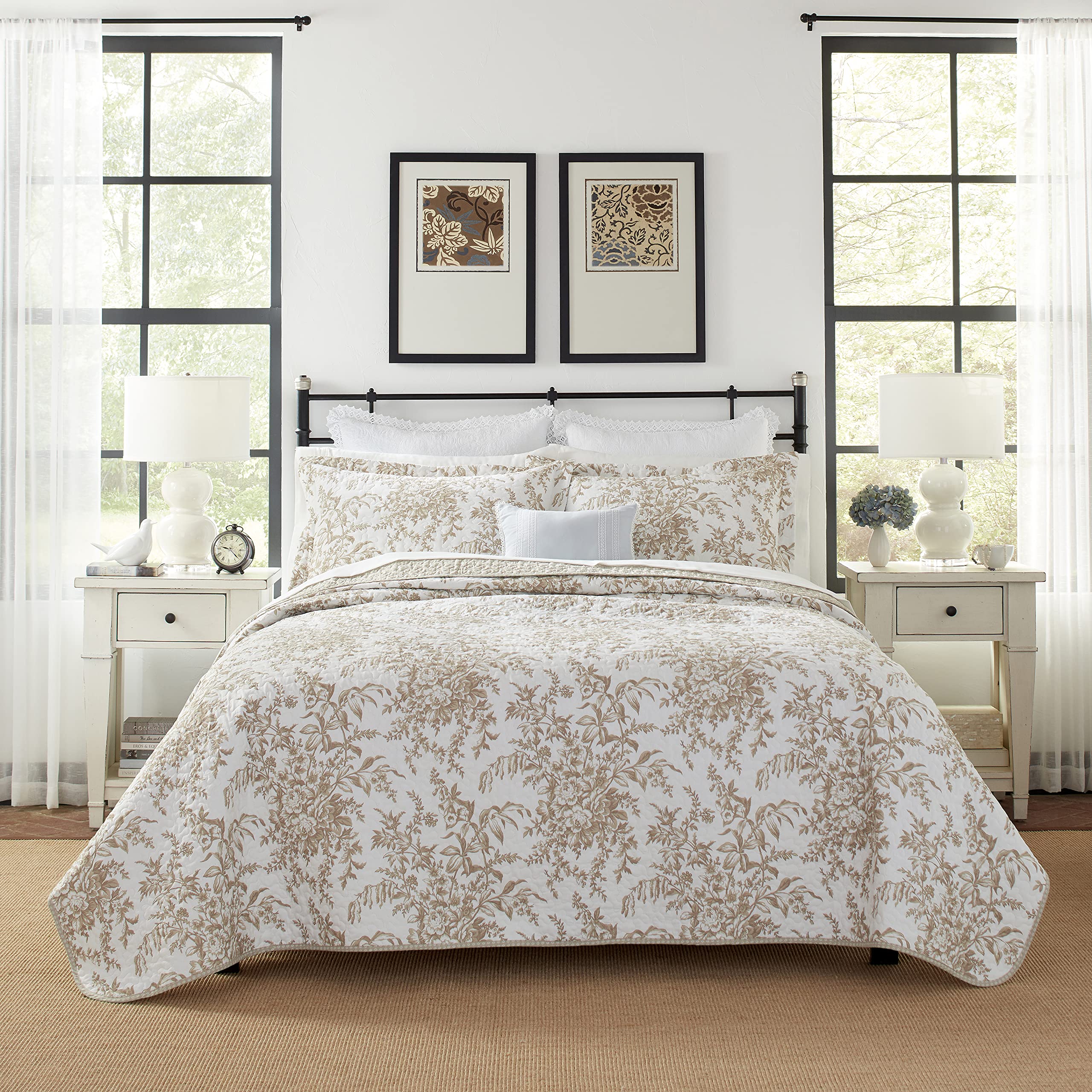 Laura Ashley - Twin Quilt Set, Reversible Cotton Bedding With Matching Sham, Home Decor For All Seasons (Bedford Mocha, Twin)