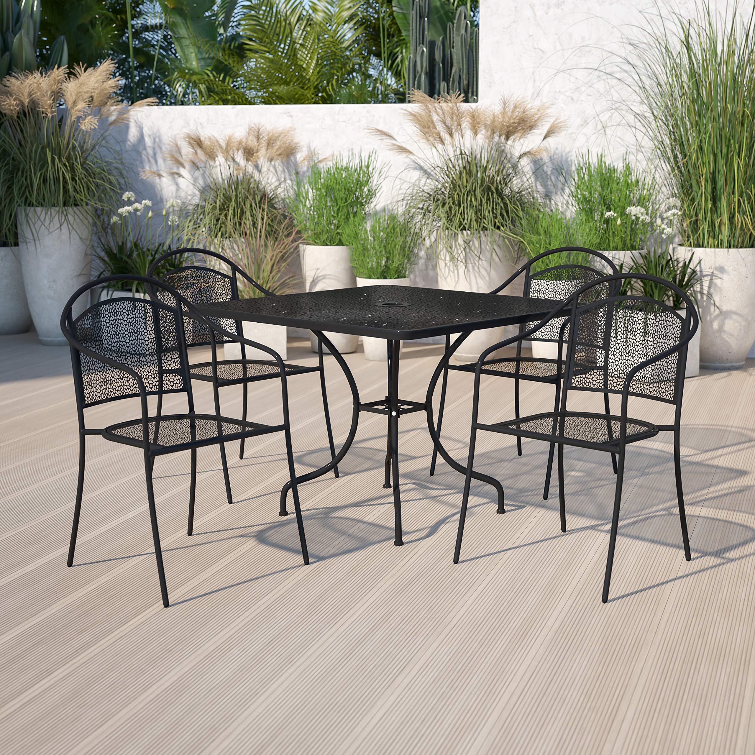 Flash Furniture Oia 5-Piece Commercial Grade Steel Patio Table And Chairs Set, Outdoor Dining Set With Square Table And 4 Round Back Chairs, Black