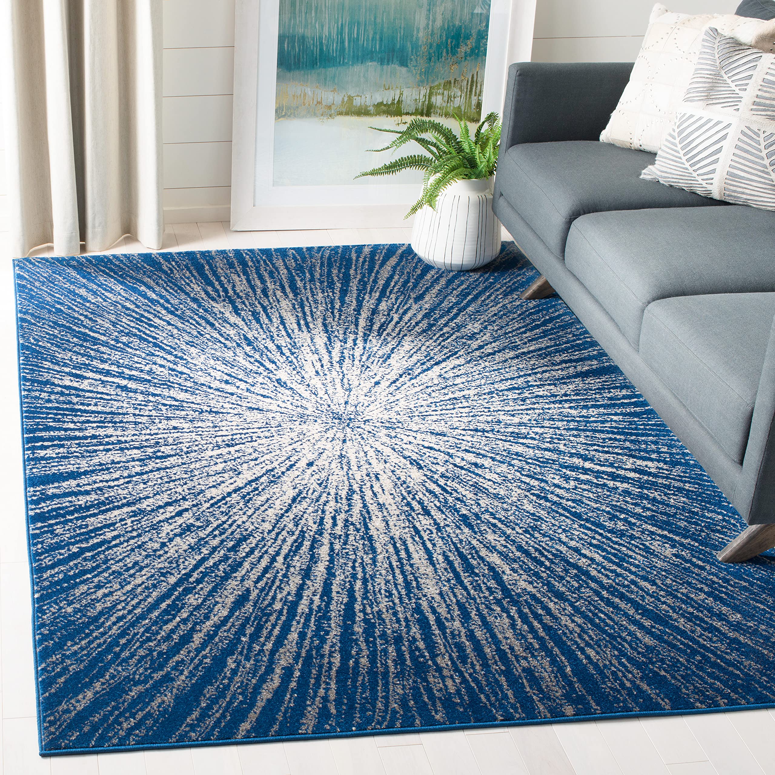 SAFAVIEH Evoke Collection 9 Square Navy/Ivory EVK228N Abstract Burst Non-Shedding Living Room Bedroom Dining Home Office Area R