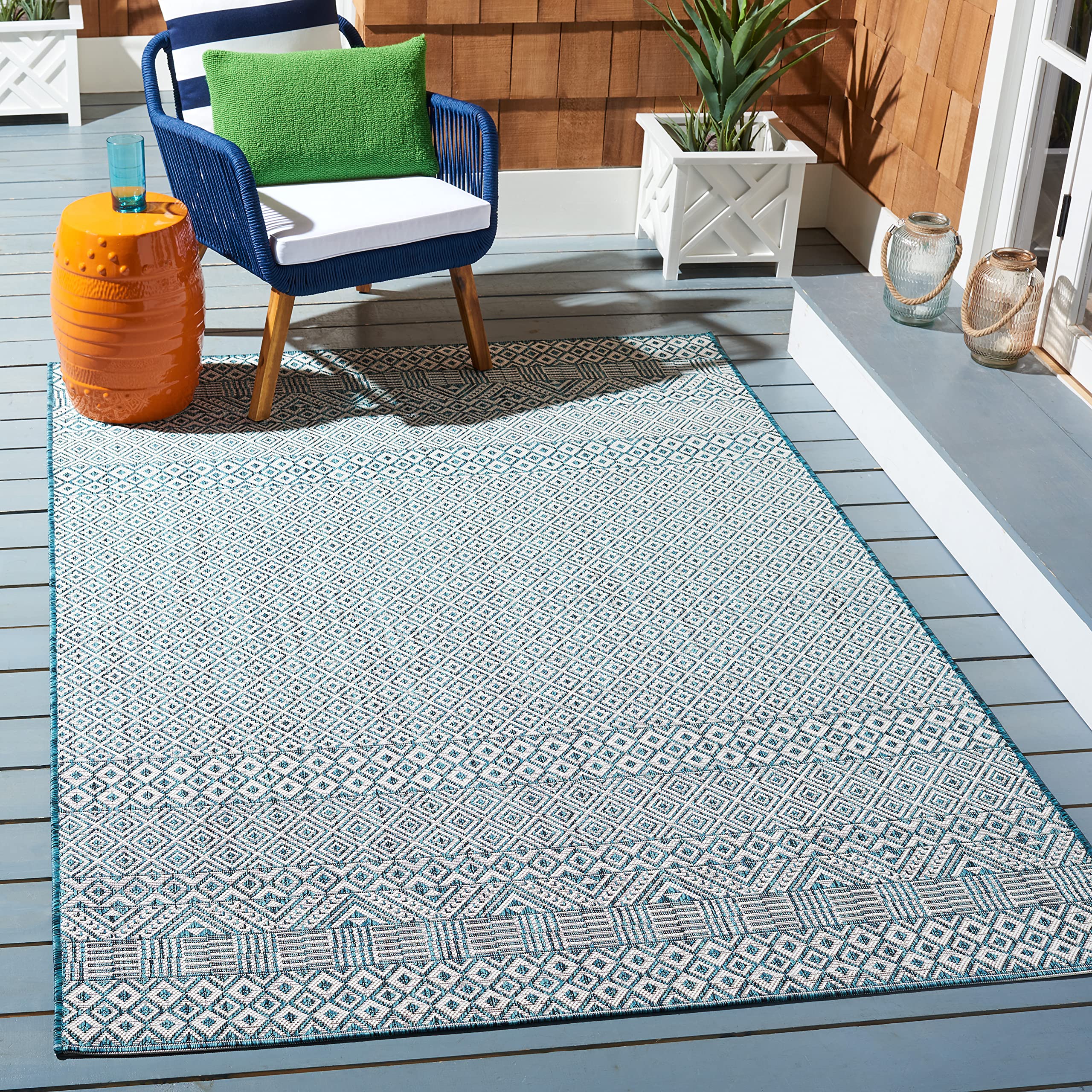 Safavieh Courtyard Collection 4' X 5'7' Ivory/Aqua Cy8235 Indoor/ Outside Waterproof Easy Cleansingpatio Backyard Mudroom Area
