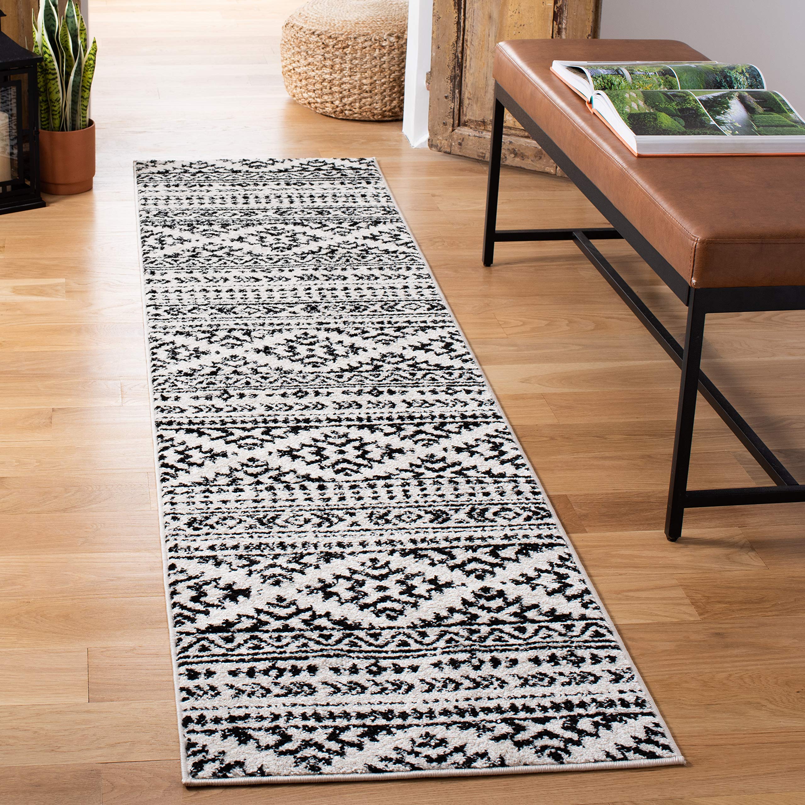 SAFAVIEH Tulum Collection Runner Rug - 2 x 19, Ivory & Black, Moroccan Boho Tribal Design, Non-Shedding & Easy Care, Ideal for