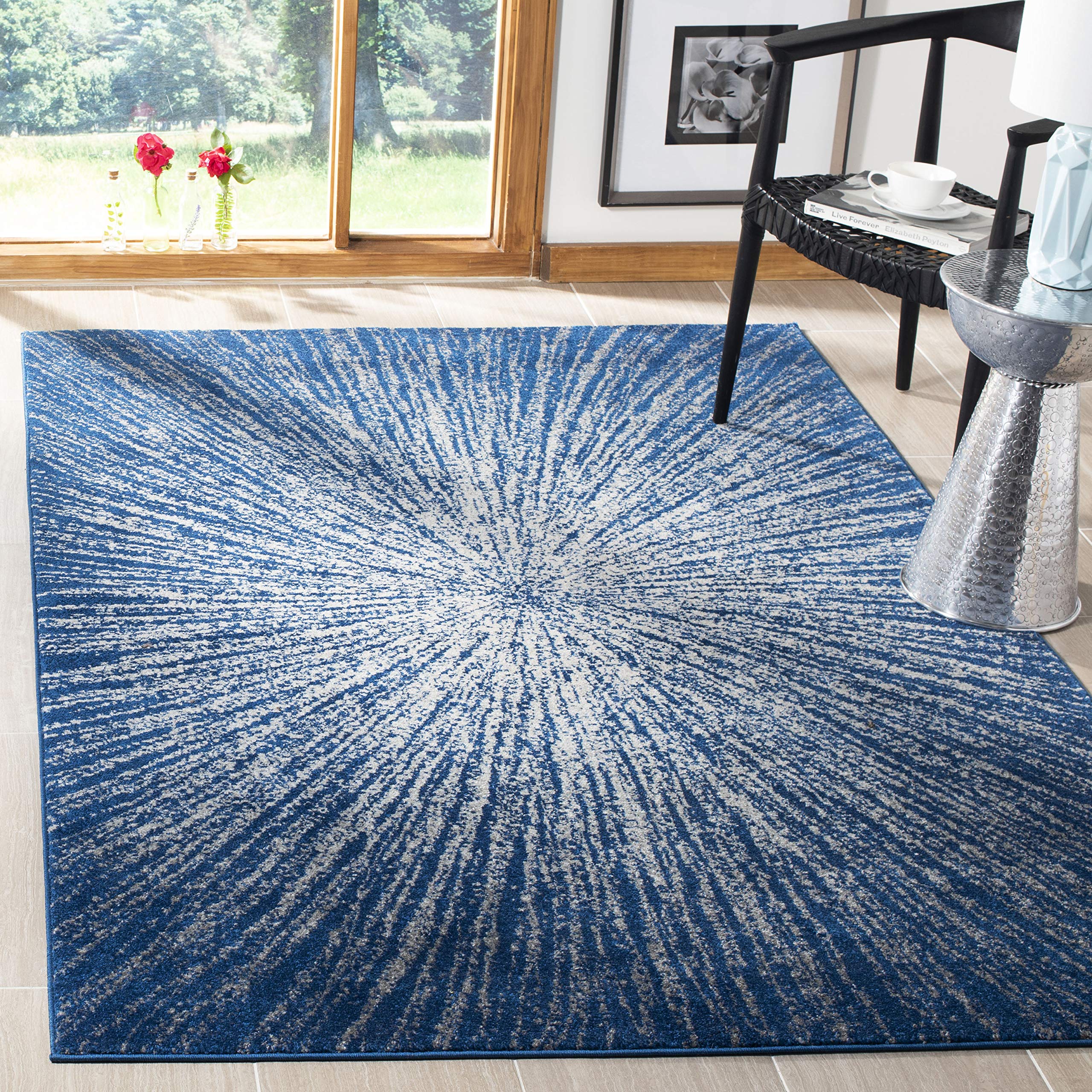 SAFAVIEH Evoke Collection Area Rug - 9 x 12, Navy & Ivory, Abstract Burst Design, Non-Shedding & Easy Care, Ideal for High Tra