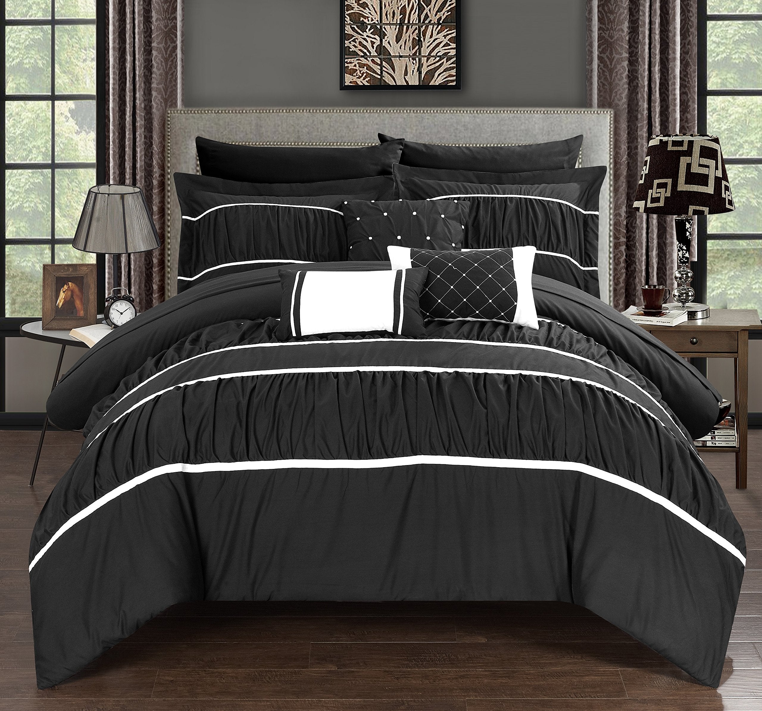 Chic Home Cs2119-An Cheryl 10 Piece Comforter Complete Bag Pleated Ruched Ruffled Bedding With Sheet Set, King, Black