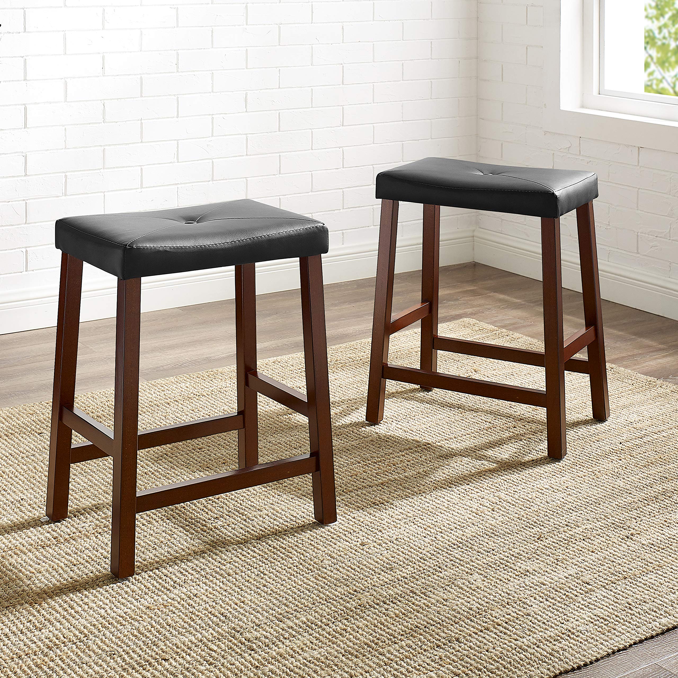 Crosley Furniture Upholstered Saddle Seat 24 Inch Barstool In Vintage Mahogany (Set Of 2)