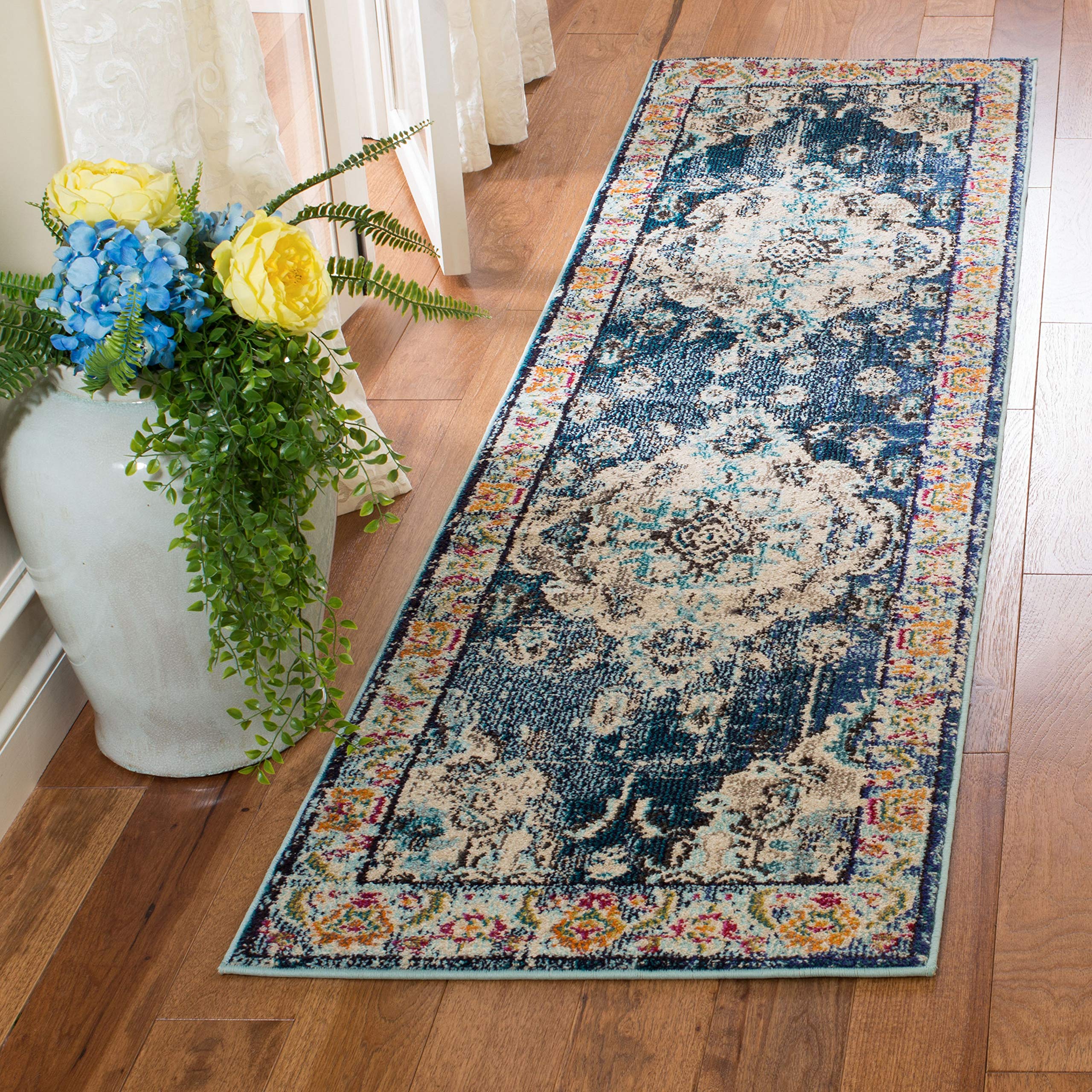 SAFAVIEH Monaco Collection Runner Rug - 22 x 6, Navy & Light Blue, Boho Chic Medallion Distressed Design, Non-Shedding & Easy 
