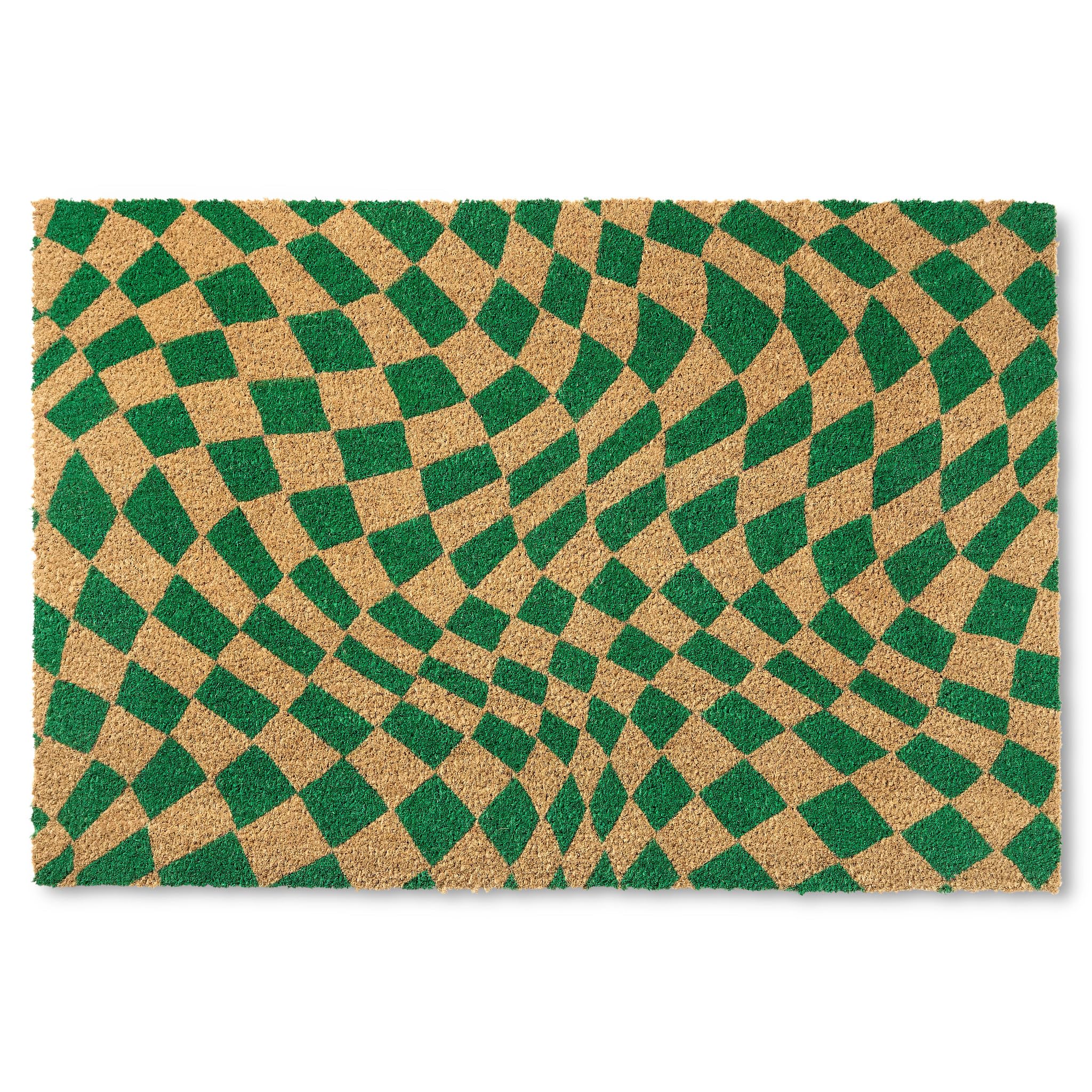 Town & Country Terra Emmett Groovy Checkerboard Door Mat, Natural Coir, Heavyweight, Non-Slip Entryway Mat, Green, 18'X30'