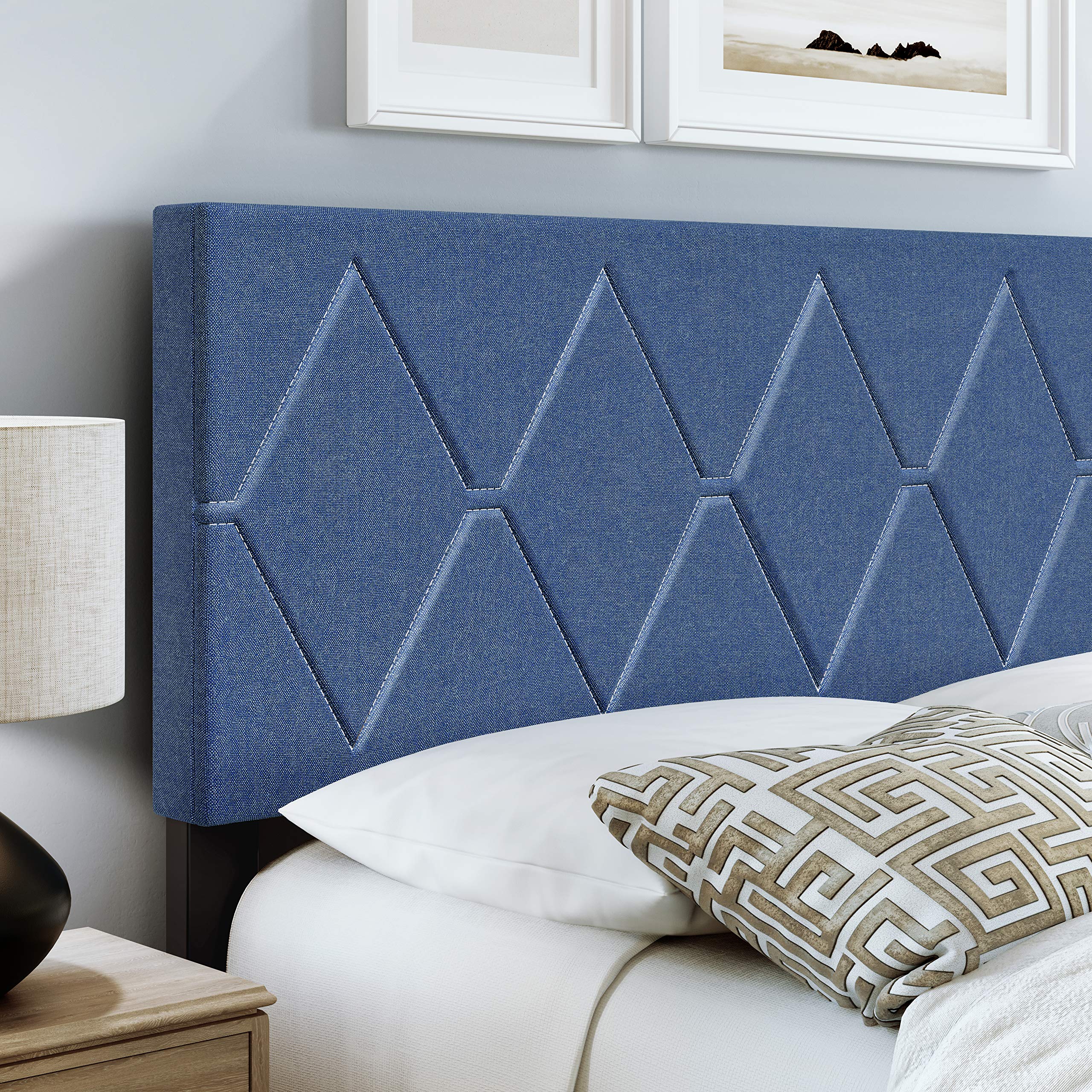 Boyd Sleep Diamond Upholstered Platform Bed with Headboard and Durable Mattress Foundation with Strong 4 Wood Slat Supports, Box Spring Required: King, Blue