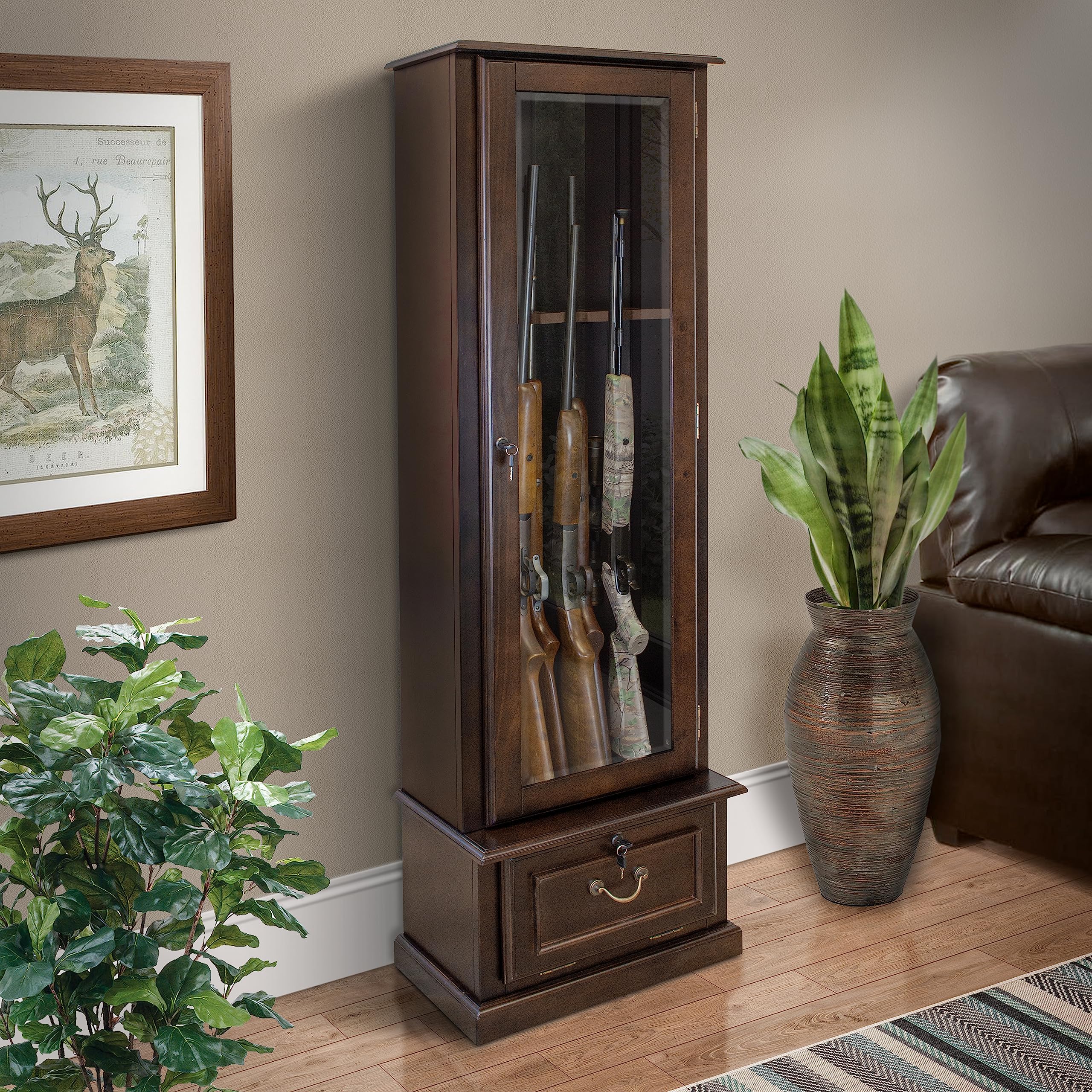 American Furniture Classics 650 Wood Gun Display Cabinet with Tempered Glass Door and Ammo Storage, 8 Gun, Espresso Brown, 1 Cabinet