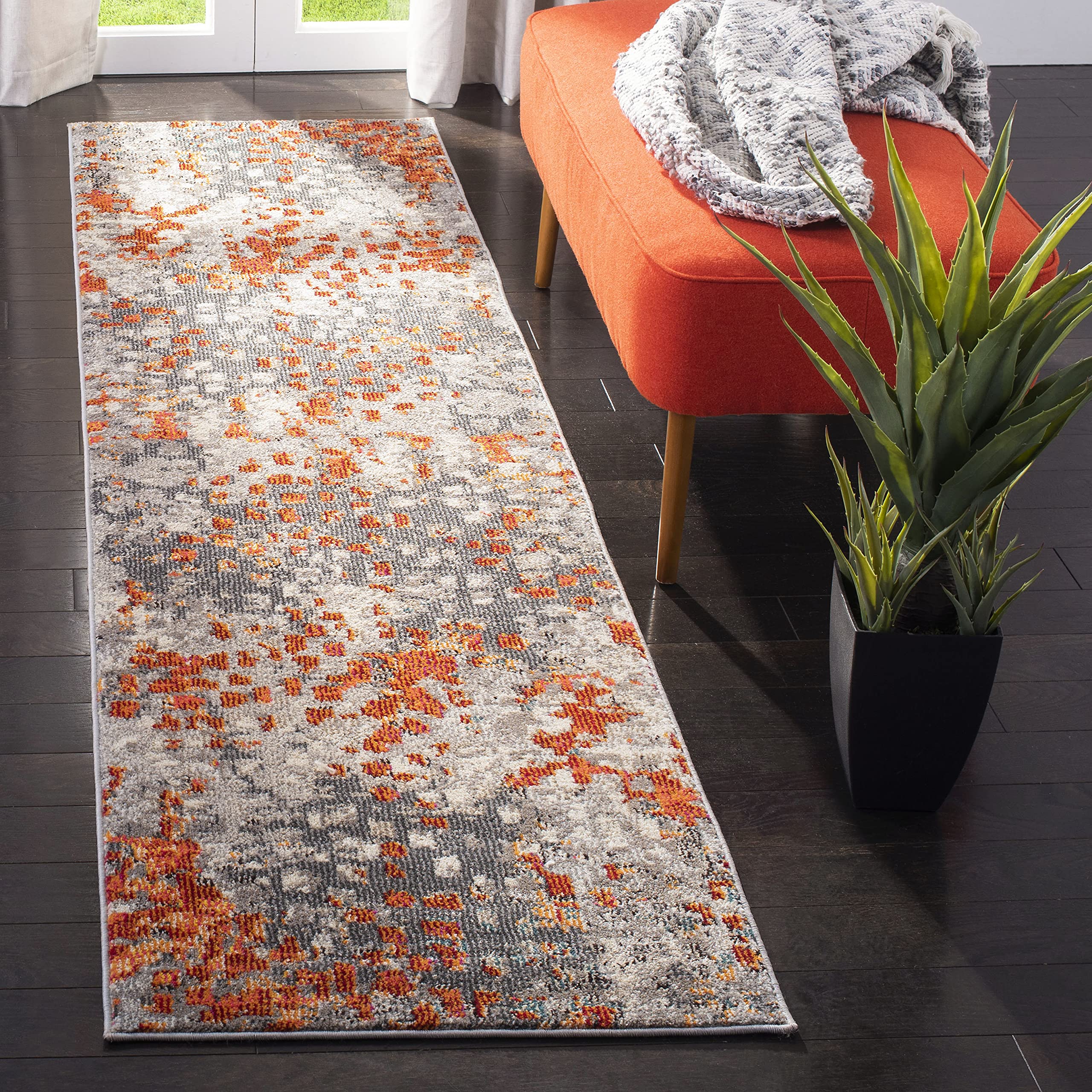 SAFAVIEH Monaco Collection Runner Rug - 22 x 6, Grey & Orange, Boho Chic Abstract Watercolor Design, Non-Shedding & Easy Care,