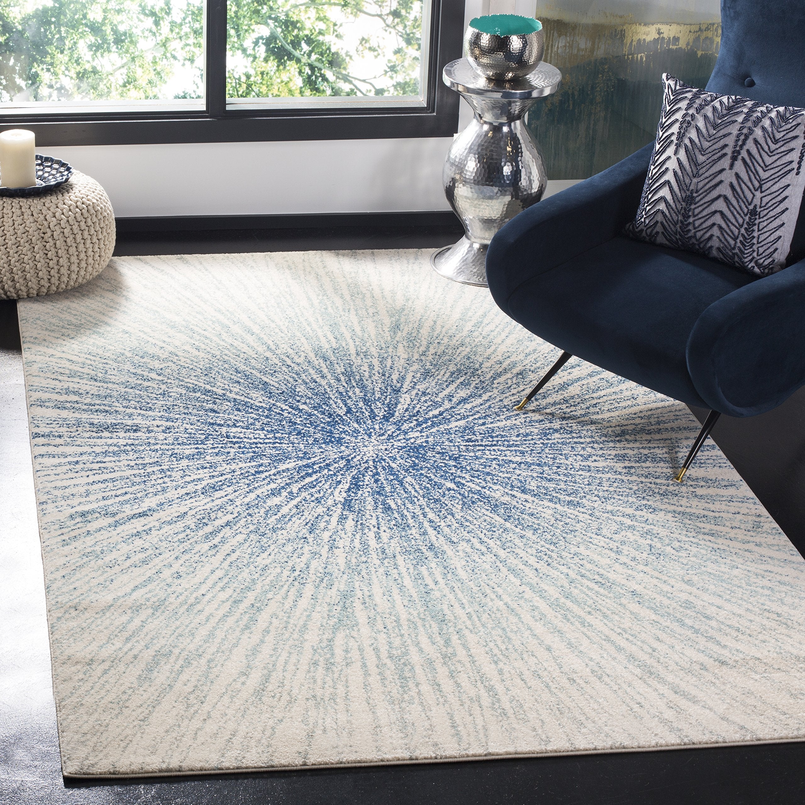 SAFAVIEH Evoke Collection 3 x 5 Royal / Ivory EVK228A Abstract Burst Non-Shedding Living Room Bedroom Accent Rug