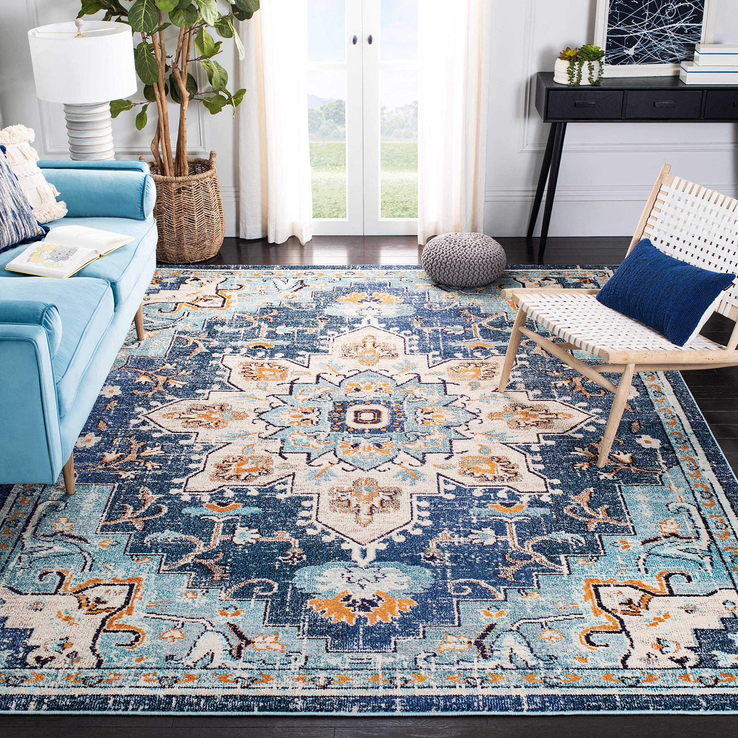 SAFAVIEH Madison Collection Area Rug - 8 x 10, Blue & Light Blue, Boho Chic Medallion Distressed Design, Non-Shedding & Easy C