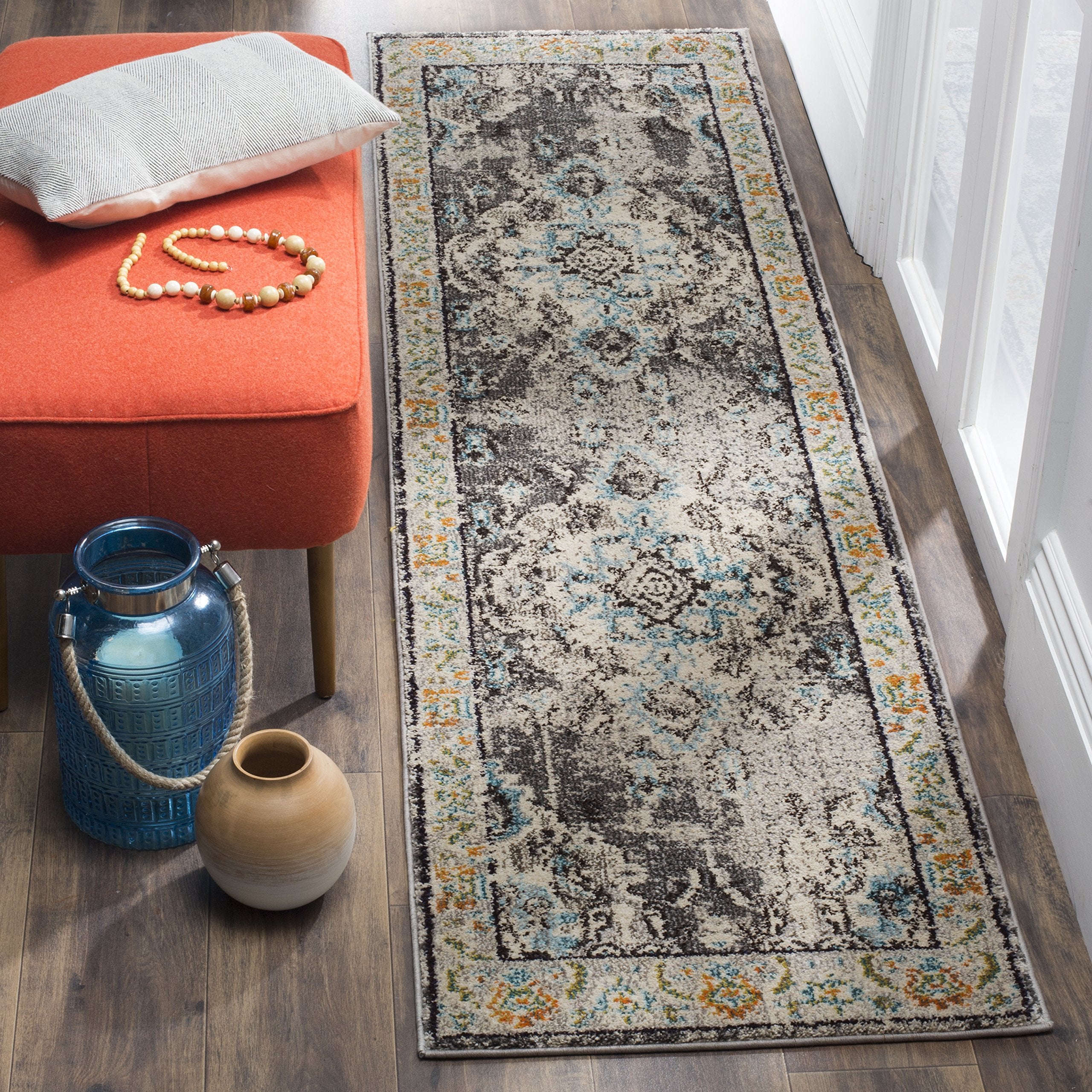 SAFAVIEH Monaco Collection Runner Rug - 22 x 20, Grey & Light Blue, Boho Chic Medallion Distressed Design, Non-Shedding & Easy