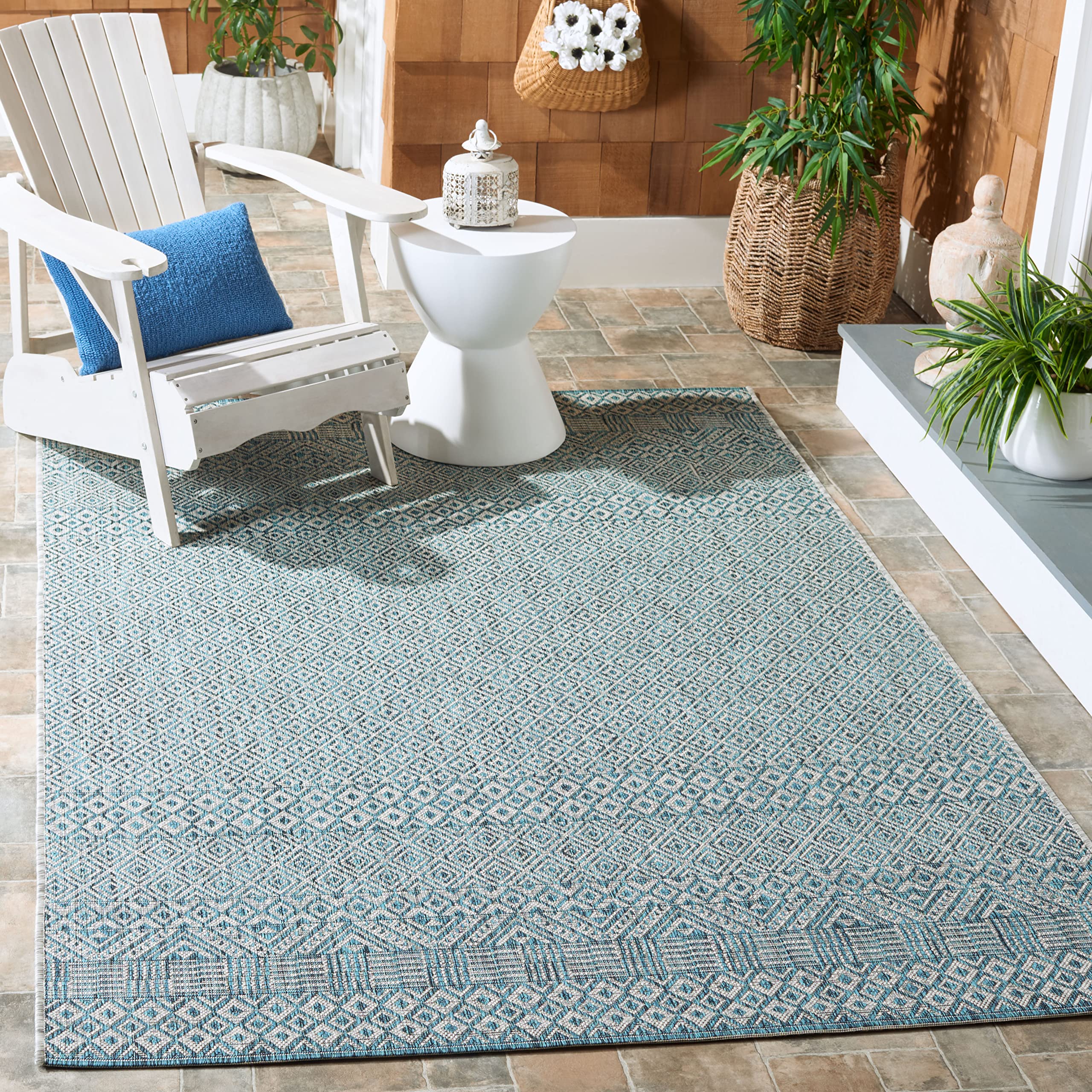 Safavieh Courtyard Collection 6'7' Square Grey/Aqua Cy8235 Indoor/ Outside Waterproof Easy Cleansingpatio Backyard Mudroom Area Mat