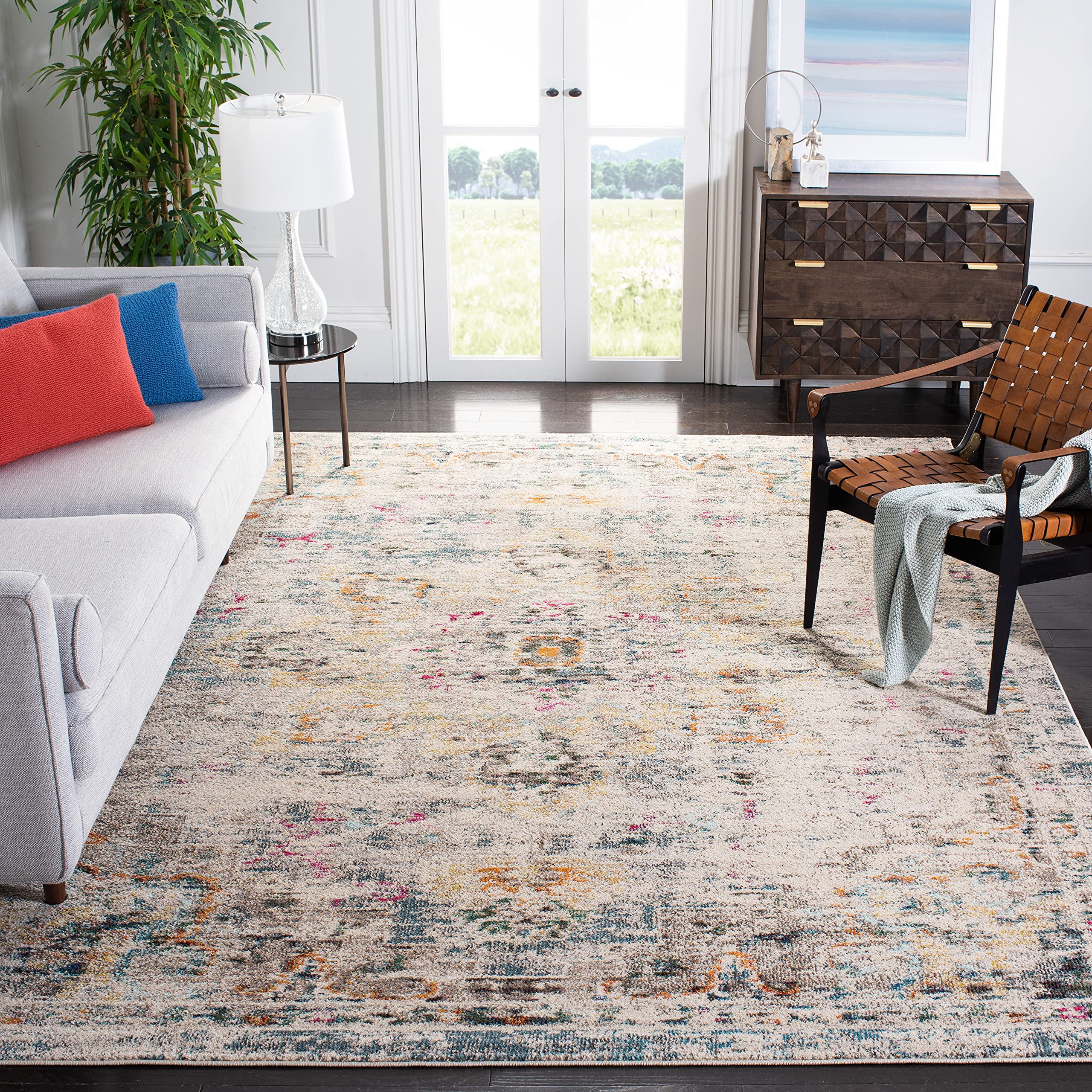 SAFAVIEH Madison Collection Area Rug - 12 Square, Grey & Gold, Boho Chic Medallion Distressed Design, Non-Shedding & Easy Care,