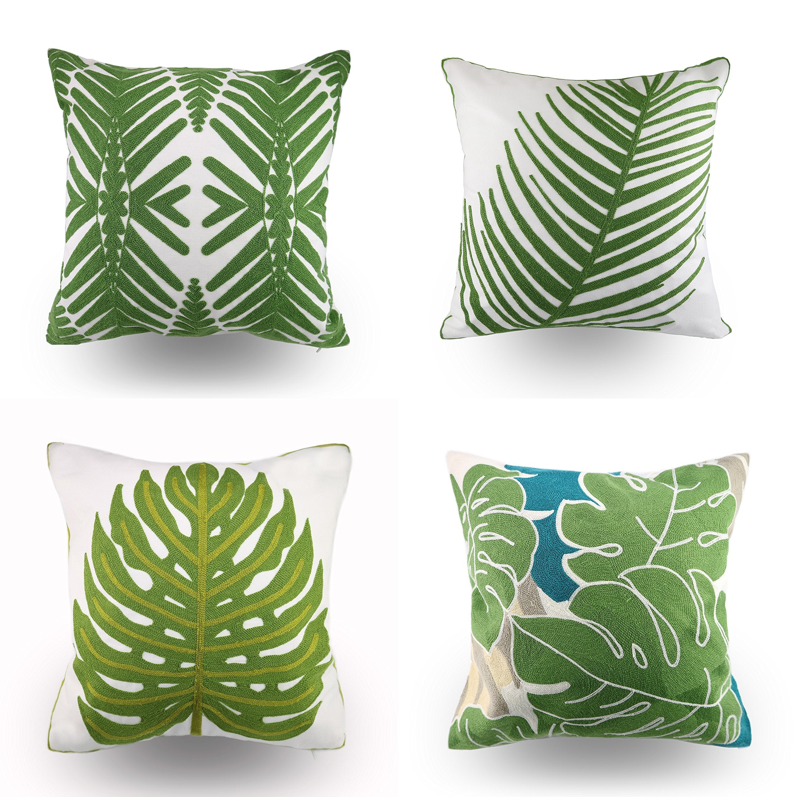 Hodeco Embroidery Throw Pillow Cover 18x18 Decor Tropical Leaves Floor Pillow Cover for Couch Chair Bed Room 100% Cotton Cushion