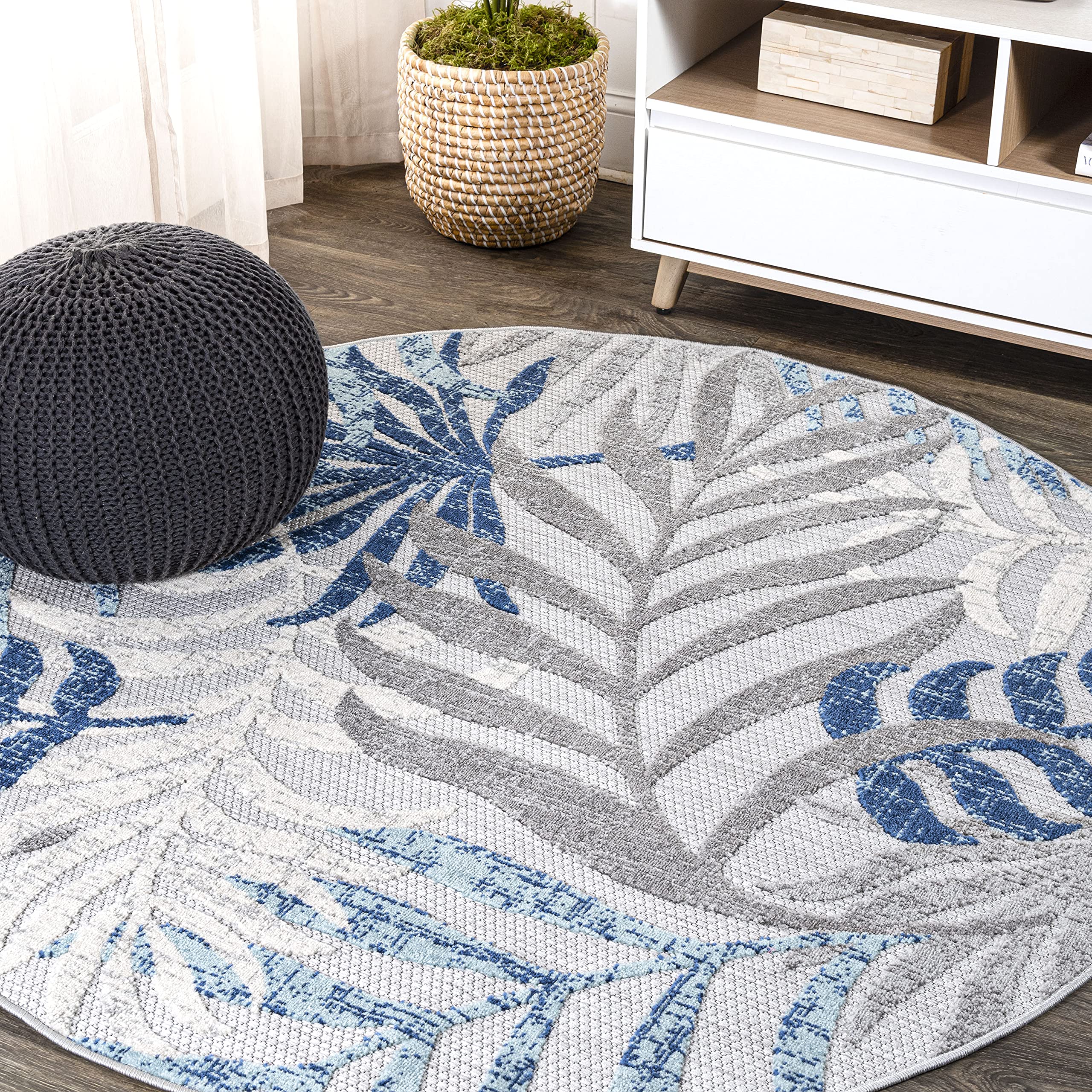 Jonathan Y Amc100A-6R Tropics Palm Leaves Indoor Outdoor Area-Rug Bohemian Floral Easy-Cleaning High Traffic Bedroom Kitchen Backyard Patio Porch Non Shedding, 6 Ft Round, Gray/Blue