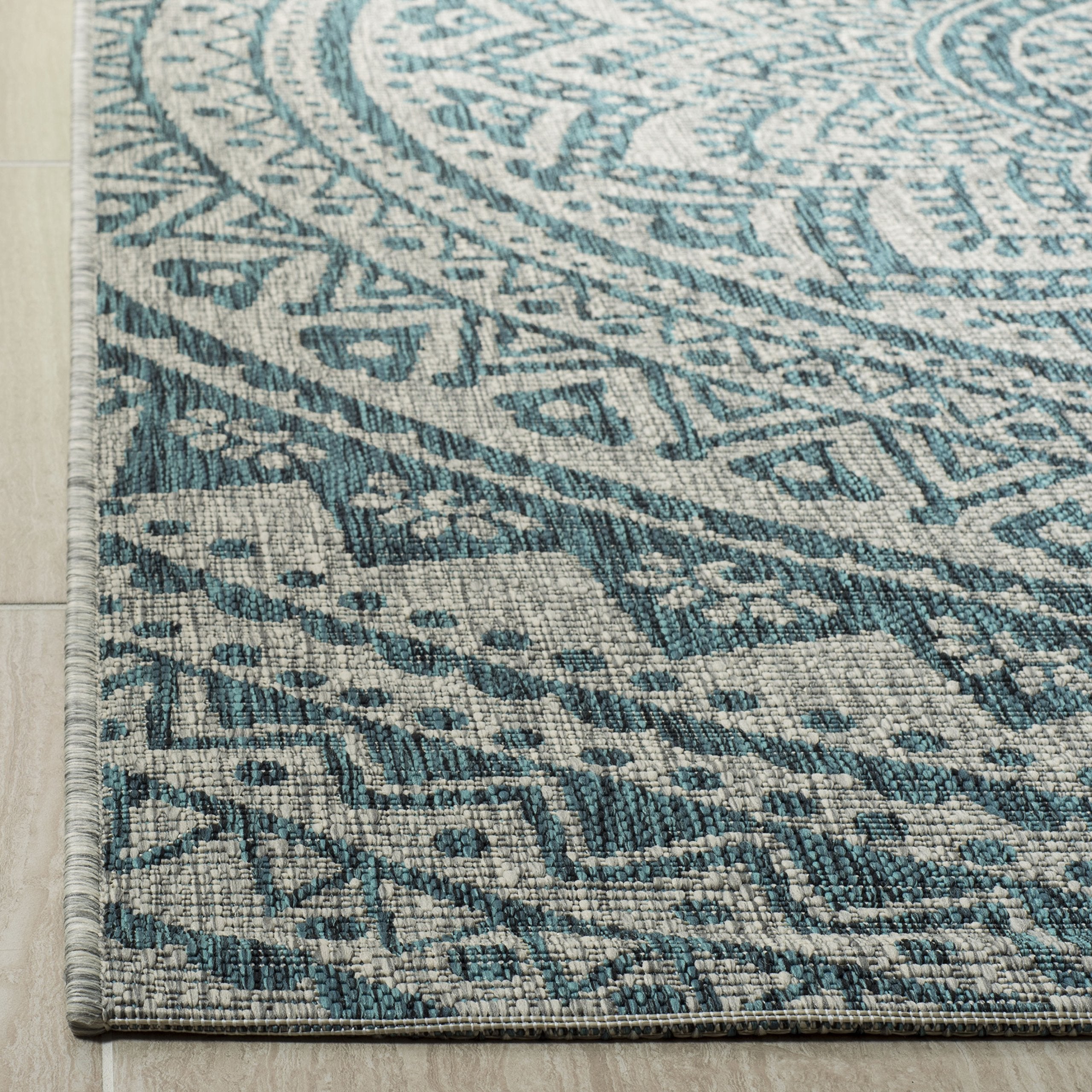 Safavieh Courtyard Collection 2' X 3'7' Light Grey / Teal Cy8734 Indoor/ Outdoor Waterproof Easy Cleaning Patio Backyard Mudroom Accent Rug