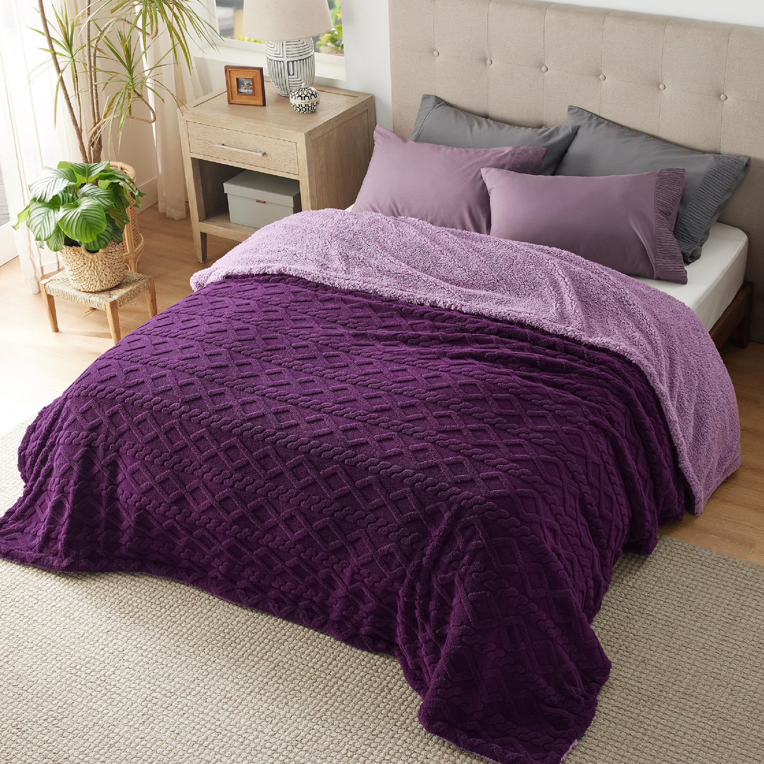 Bedsure Sherpa Blanket Twin Size - Twin Blanket Fuzzy Soft Cozy Throw For Couch, Fleece Thick Warm Blanket For Winter, Purple Fa