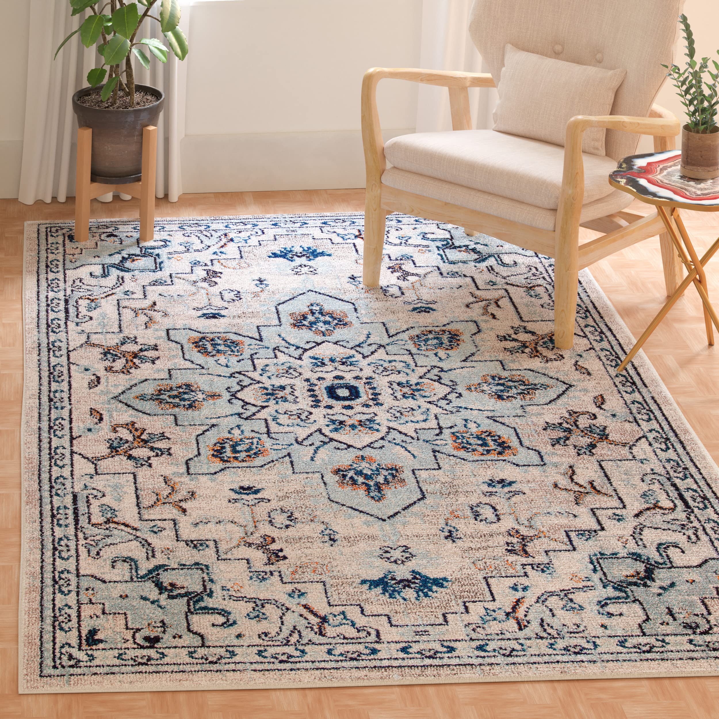 SAFAVIEH Madison Collection Accent Rug - 3 x 5, Ivory & Light Blue, Medallion Distressed Design, Non-Shedding & Easy Care, Ide