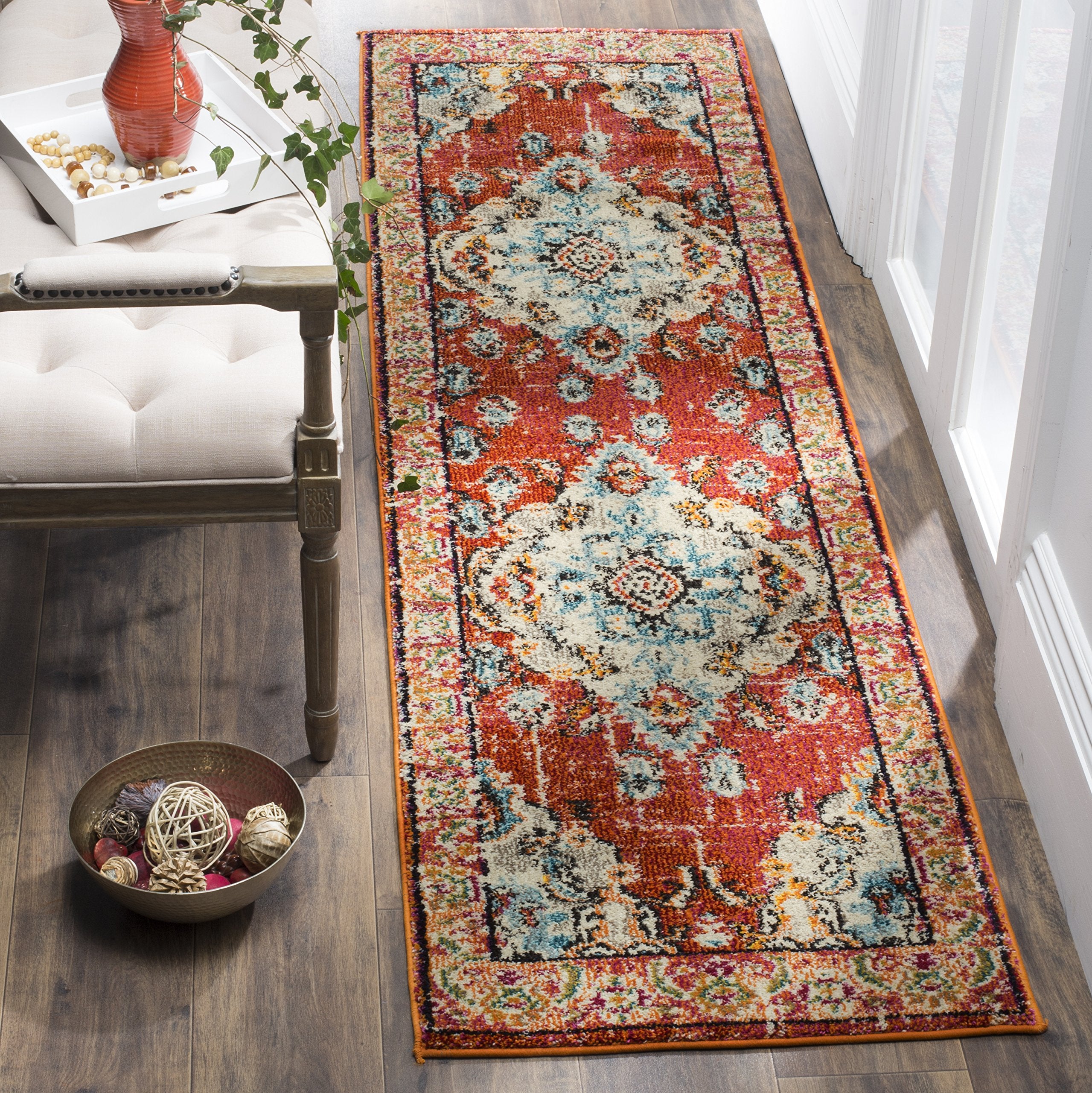 SAFAVIEH Monaco Collection Runner Rug - 22 x 10, Orange & Light Blue, Boho Chic Medallion Distressed Design, Non-Shedding & Ea
