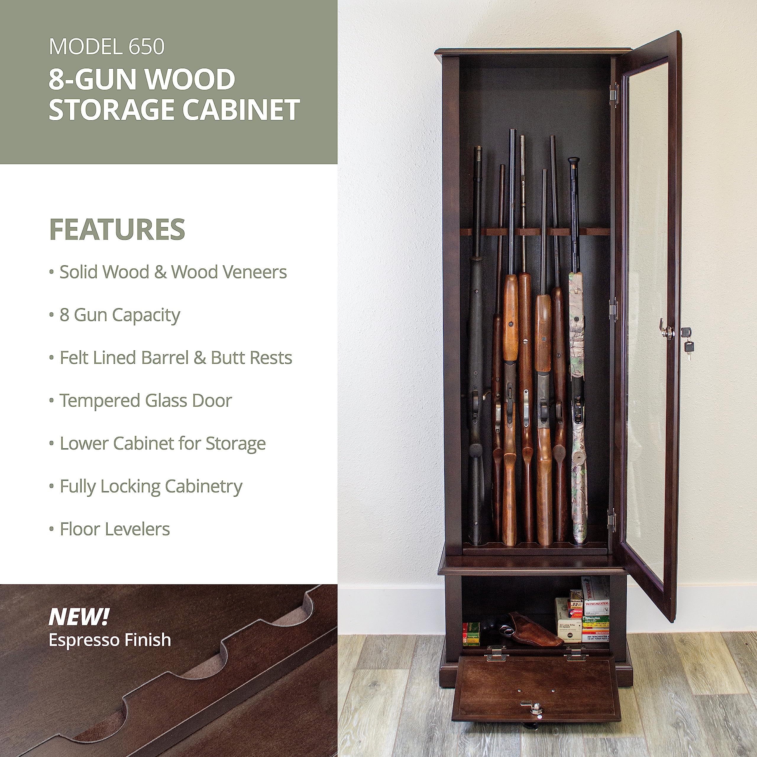 American Furniture Classics Wood Gun Display Cabinet, 8 Gun, Tempered Glass Door, Espresso Brown, Model 650